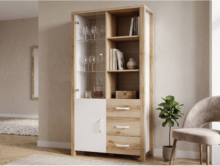 Vitrine OLIANNE 2 portes 3 tiroirs chêne naturel/blanc
