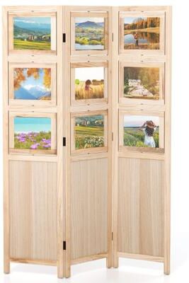 Costway 3 Panel Folding Privacy Screen with 9 Swivel Paulownia Wood Photo Frames-Natural