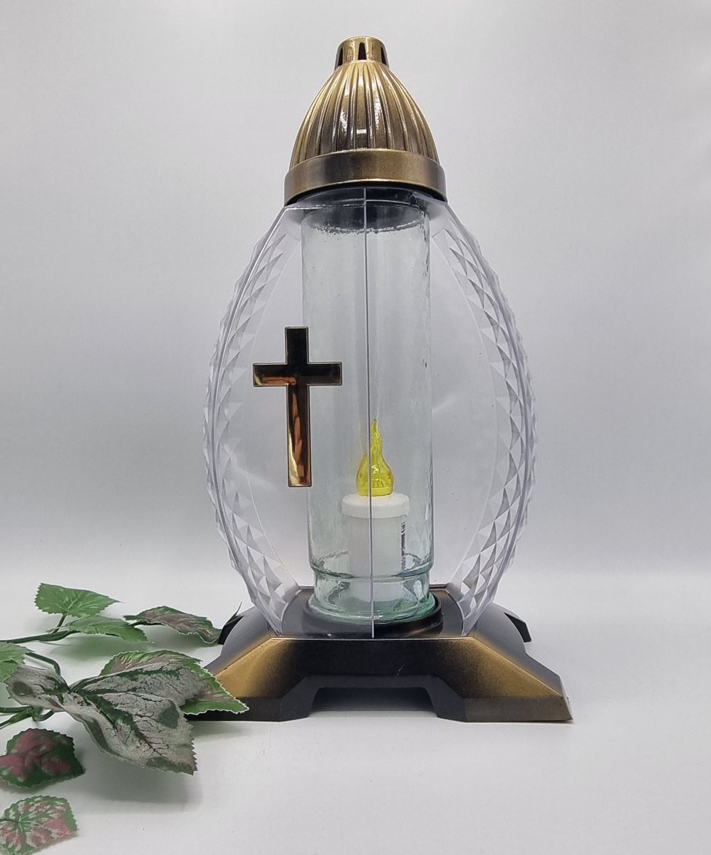 Herdenkingslicht L29 Goud met Kruis - Led grafkaars met 1200 branduren