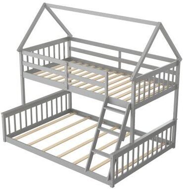 Costway Twin Over Full House Bunk Bed with Ladder and Guardrails-Gray