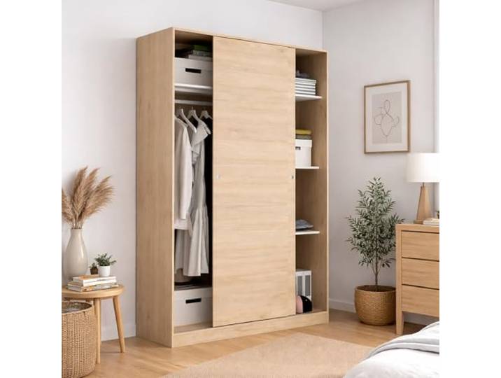 Dmora - Kleiderschrank 2 Türen Denali, Kleiderbügel für Schlafzimmer, Schiebetürenschrank, 120x50h204 cm, Eiche