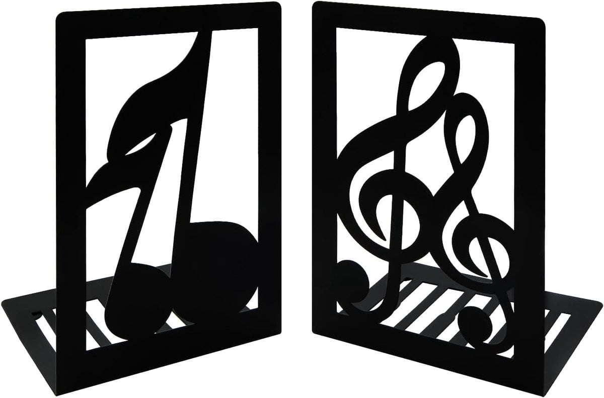 Set van 2 zwarte metalen boekensteunen met muzieknoten ontwerp voor muziekliefhebbers