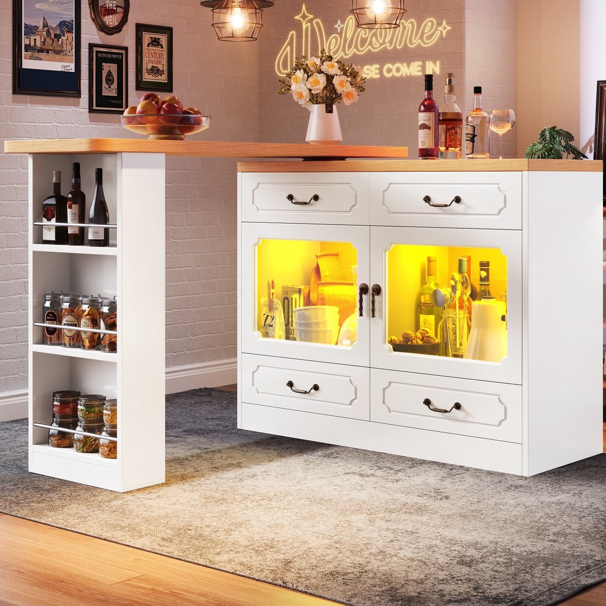 PHOEBE CAT Uitschuifbare bartafel met LED-verlichting, 360° draaibaar en 4 lades, Keukeneiland, Wit