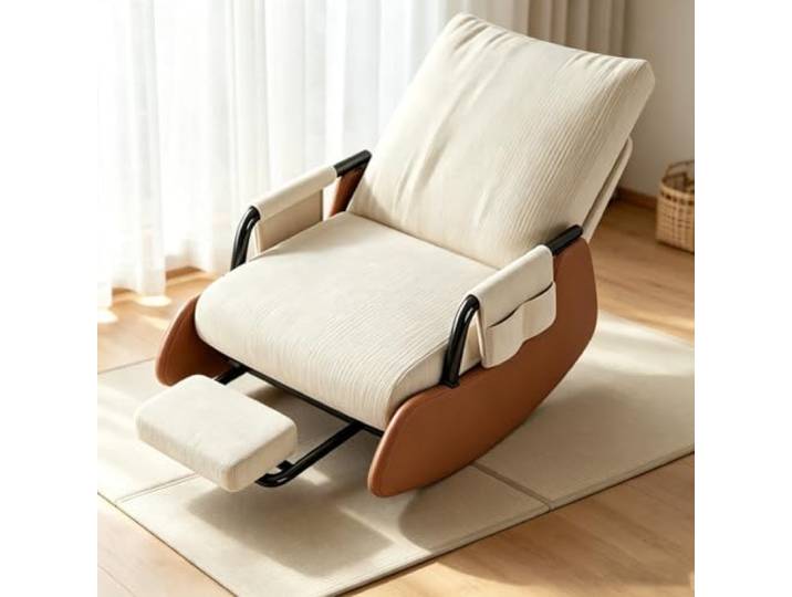 LCNDKF Gemütlicher Schaukelsessel - mit Gepolsterten Armlehnen Ergonomischer Schaukelstuhl mit ausziehbarer Fußstütze und Seitentasche für tägliche Entspannung.