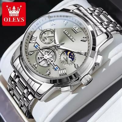 Inspired Finds OLEVS Luxury Chronograph Moon Phase Watch Multifunction Quartz Waterproof Business Wristwatch For Men silver Grey