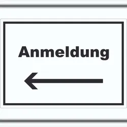 HB-Druck Anmeldung Aufkleber mit Text und Richtungspfeil links Aufnahme waagerecht A9 (37x52mm)