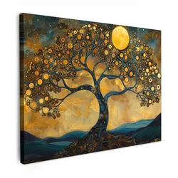 LEINWANDBILD Baum - Mond - Blumen - Gold - Kunst Wandbilder 80x60 cm