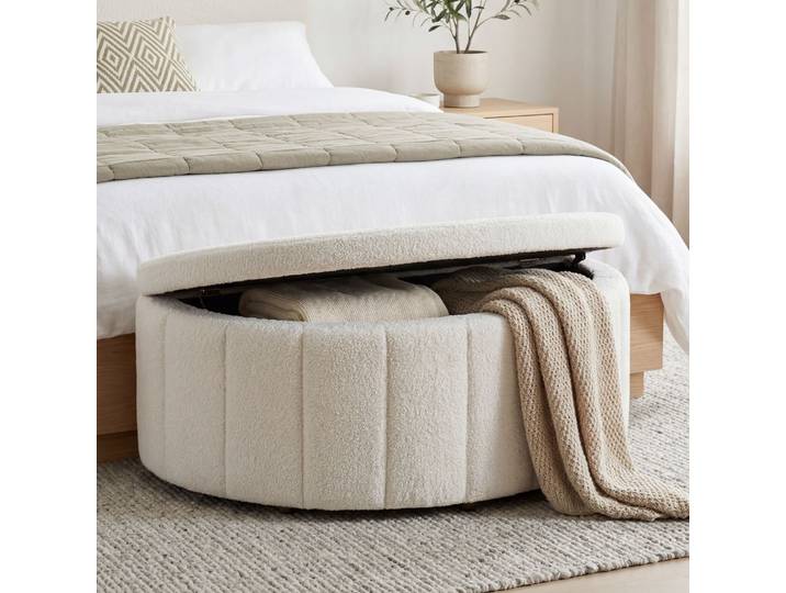 Banquette rembourrée Moon avec grand espace de rangement, capacité de charge de 150 kg - Bouclé crème