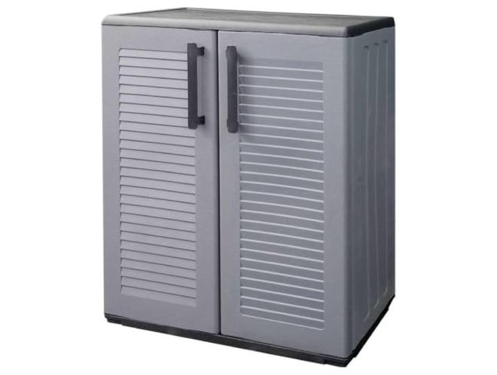 GFEROMRF Garten-Aufbewahrungsschrank PP Grau Schwarz 68x37x84 cm 100% PP, Stahlscharniere, zwei Einlegeböden, verstellbarer Boden, platzsparend, wetterfest, pflegeleicht