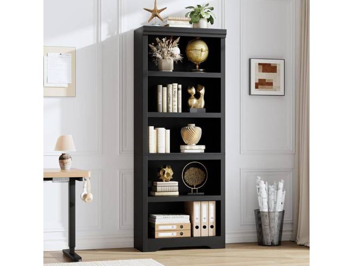 KOIOPLIE Étagère 5 niveaux style ferme bibliothèque ouverte avec étagères réglables MDF haute densité anti-bascule Noir