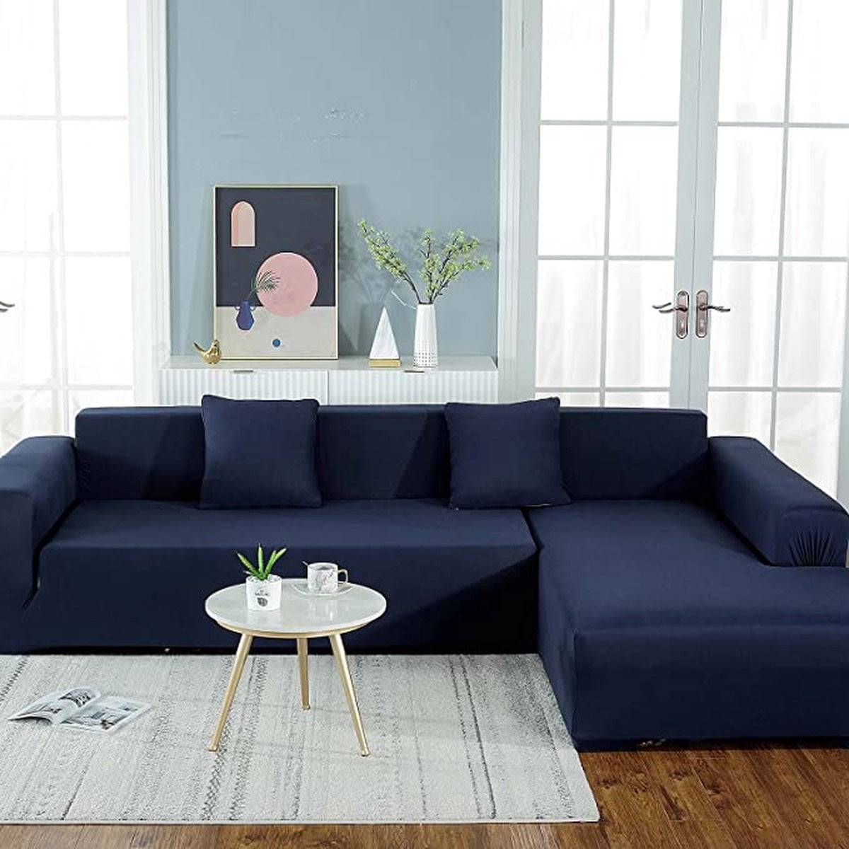 Wasbare moderne bankhoes in blauw met stretch van biologisch katoen en polyester
