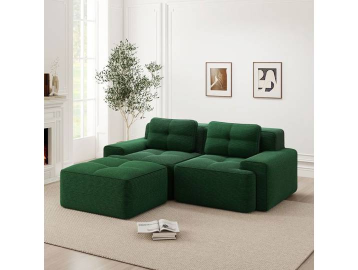 Canapé modulaire L 2 places – désossé assise profonde ottoman – Velours côtelé vert