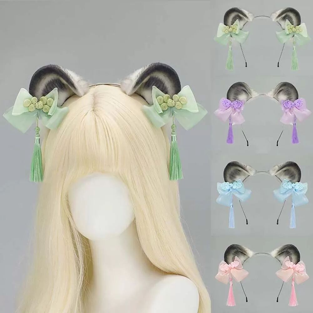 INF Serre-tête Oreilles de Panda Lolita - Arceau de Cheveux en Peluche Bleue avec Glands