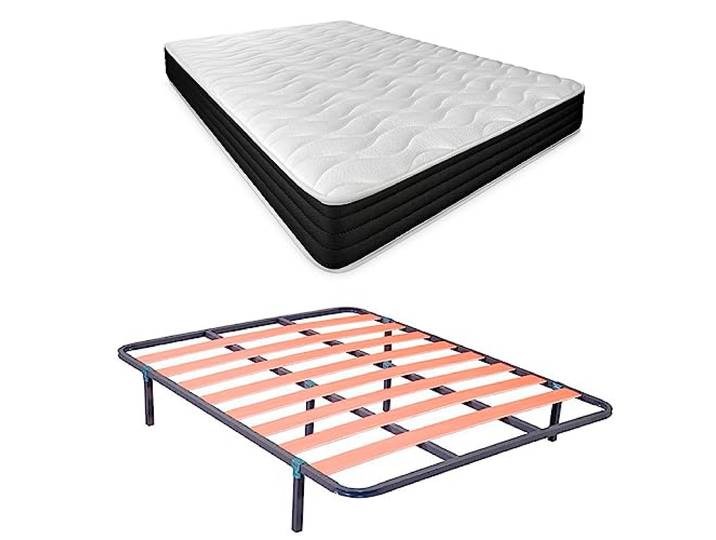 DUÉRMETE ONLINE Komplettes Bett mit wendbarer Taschen-Visko-Matratze (Winter/Sommer) + Lattenrost mit Beinen, legierter Stahl, Grau, 135 x 190 cm