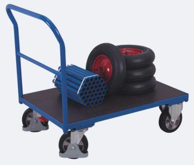 Schwerlastwagen, Stahl/Siebdruckplatte, Enzianblau/Dunkelbraun, L 1025 x B 700 mm, mit Querstrebe, Vollgummi-Rollen mit EasySTOP, bis 1000 kg