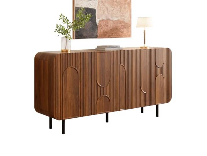 I0I&I0I TV Schrank Mit Türen Und Schubladen Mid Century Fernsehtisch Kabelmanagement Wohnzimmerschrank Metallbeine Rillen Design Für Wohnzimmer Modern Storage Möbel (Walnut + MDF + Particle Board-1)