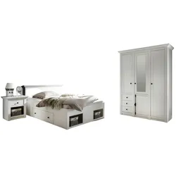 SCHLAFZIMMER Pinie weiß Set 3-teilig mit Bett, Kleiderschrank und Nachttisch