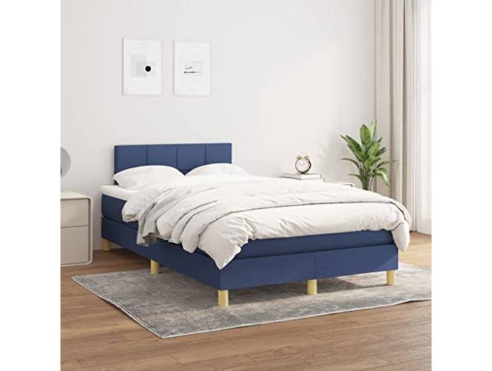 RJPLMFV Komplettes Bett, blau, 120 x 200 cm, mit Lattenrost, Stoff Verstellbarer Kopf, Matratze mit Taschenfedern, Unterstützung für Rücken und Bauch, Lieferung mit Anleitung (evtl. nicht in