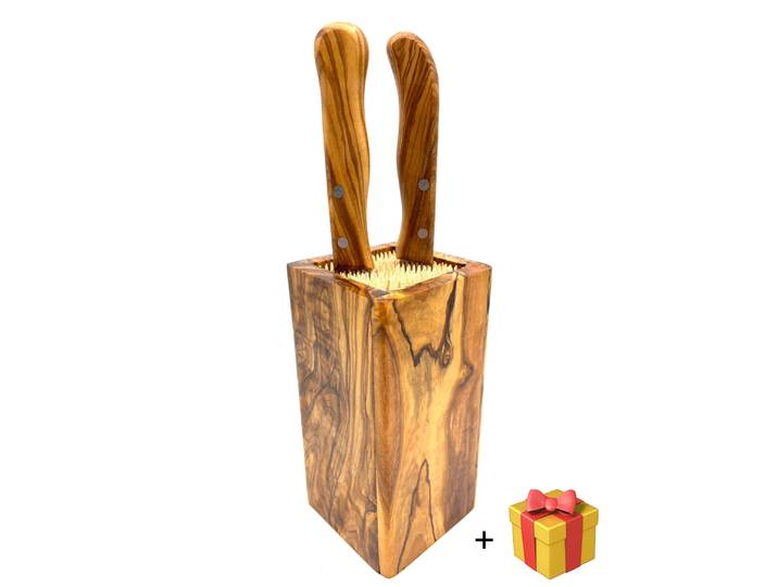 Messerblock OLIVENHOLZ-ERLEBEN DESIGN eckig, aus Olivenholz , braun, B:8cm H:16cm, Messerblöcke, Messerblock, Flexible Holzspieße für sichere und schonende Messeraufbewahrung