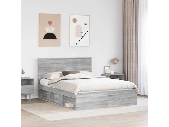 KTHLBRH Bettgestell Grau Sonoma 150 x 200 cm Kiefer massiv Fester Lattenrost, technisches Holz, modernes Design, stabile Unterstützung