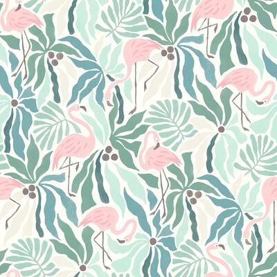 WallPops Flamingo Fun Green Peel and Stick Wallpaper