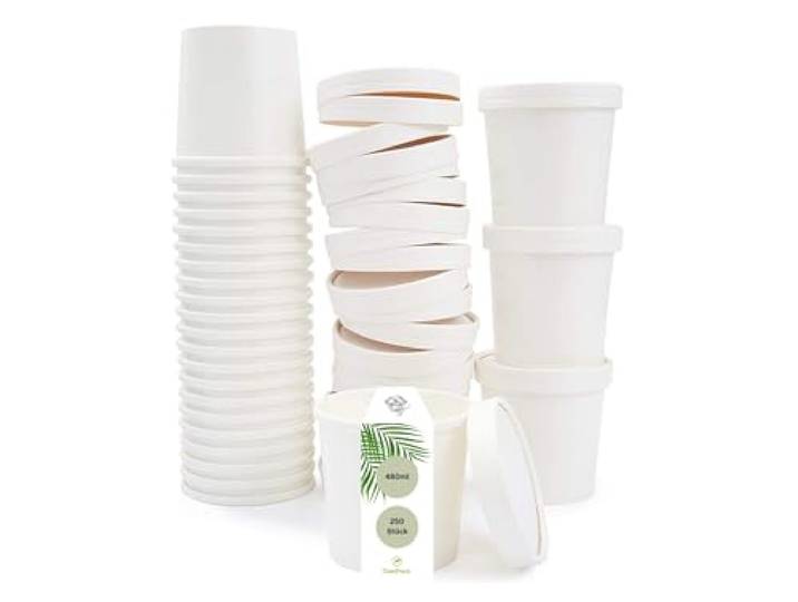 DeinPack 250 Suppenbecher 480ml 16 oz weiß I Suppen-Becher to Go Pappe I 250 Einweg-Becher mit Deckel Eisbecher