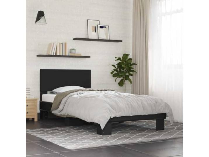 Holzwerkstoff und Metall Stabil Schlafzimmer 75x190 cm Schwarz Bettgestell Schwarz 75x190 cm Holzwerkstoff Metall Stabiles Bett mit Kopfteil Lattenrost Ohne Matratze Schlafzimmer Möbel