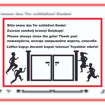 HB-Druck Tor schließen Kindergarten mehrsprachig Schild A3 Rückseite selbstklebend