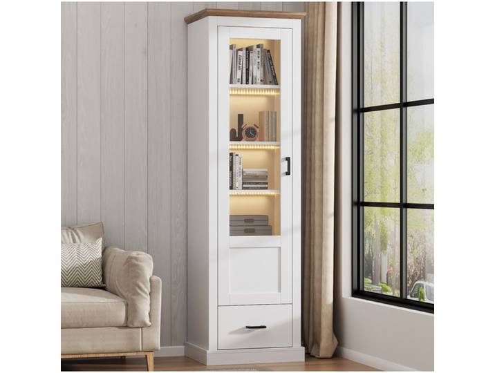 Maisentiel Vitrine haute LED blanche mate 50 x 35 x 178 cm bois décor verre trempé 5 étagères tiroir