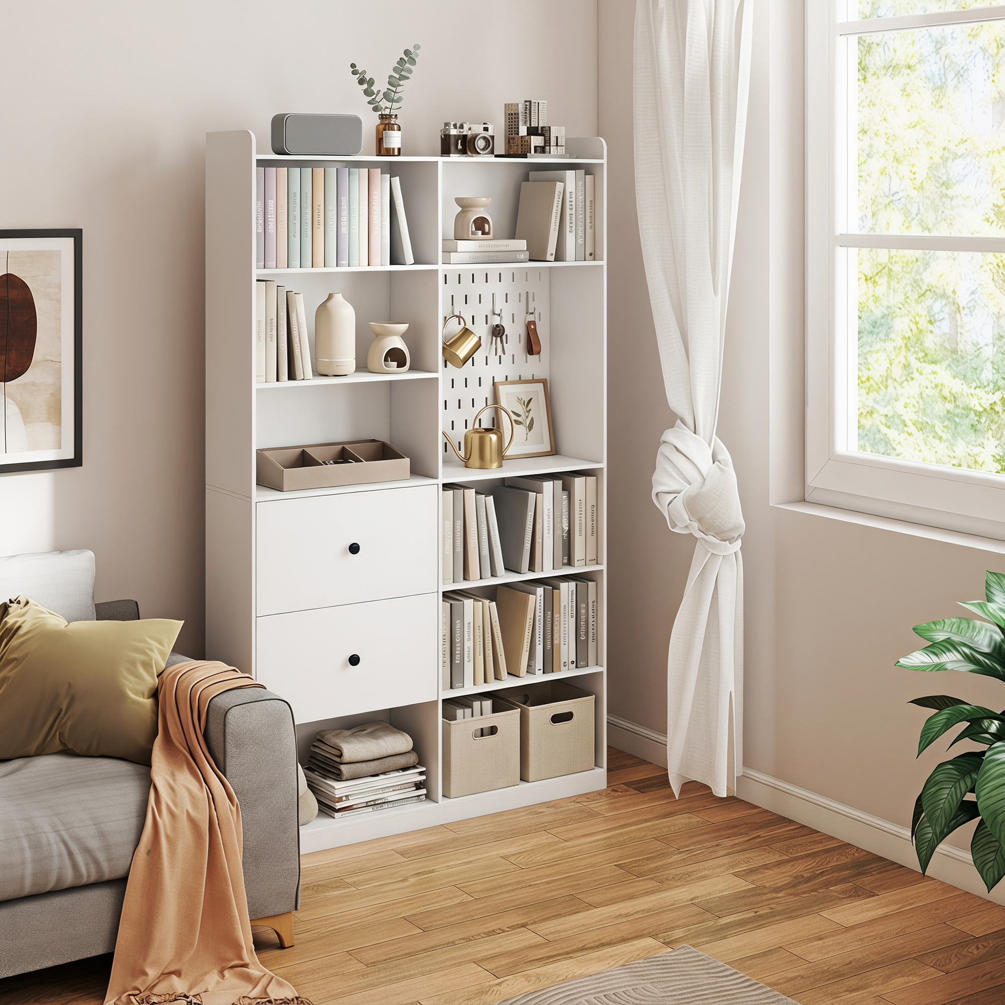 Homcom Libreria Doppia a 6 Livelli con Cassetti e Pannello Forato, Bianco   Aosom Italy