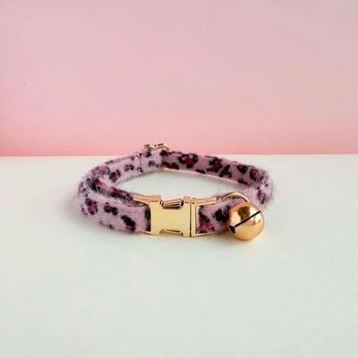 Inspired Living Personalized Leopard Print Cat Collar With Bell Custom Plush Adjustable Kitten ID Collar pink l