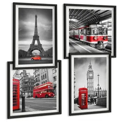 BILDER SET 4er Set - 50x50 cm & 40x60 cm Schwarzer Rahmen - Rote Busse in der Stadt