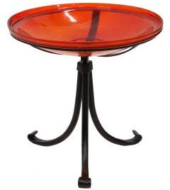 "Achla Designs 14""Dia. Round Cobalt Blue Crackle Glass Birdbath w/Black Wrought Iron Tripod Stand"