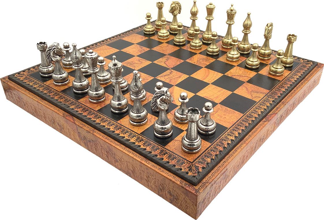 Italienisches Schachspiel "Blumig" + Schachbrett aus Kunstleder mit Weltkarte, 48er-Set