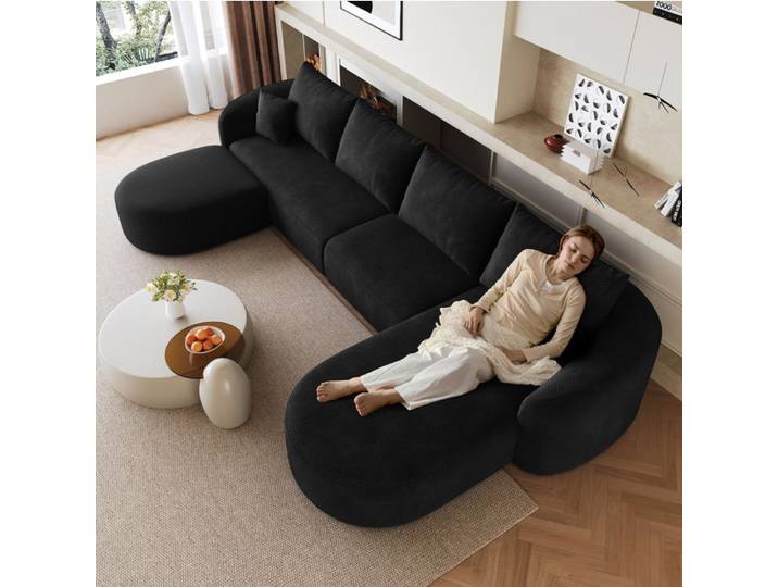 Canape modulable en U AESVAR 6 places 336 cm compresse sans montage tissu chenille noir