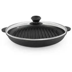 BRIZOLL Ø28cm Grillpfanne aus Gusseisen Bräter mit Glasdeckel Schmortopf zwei Griffe Servierpfanne Grill