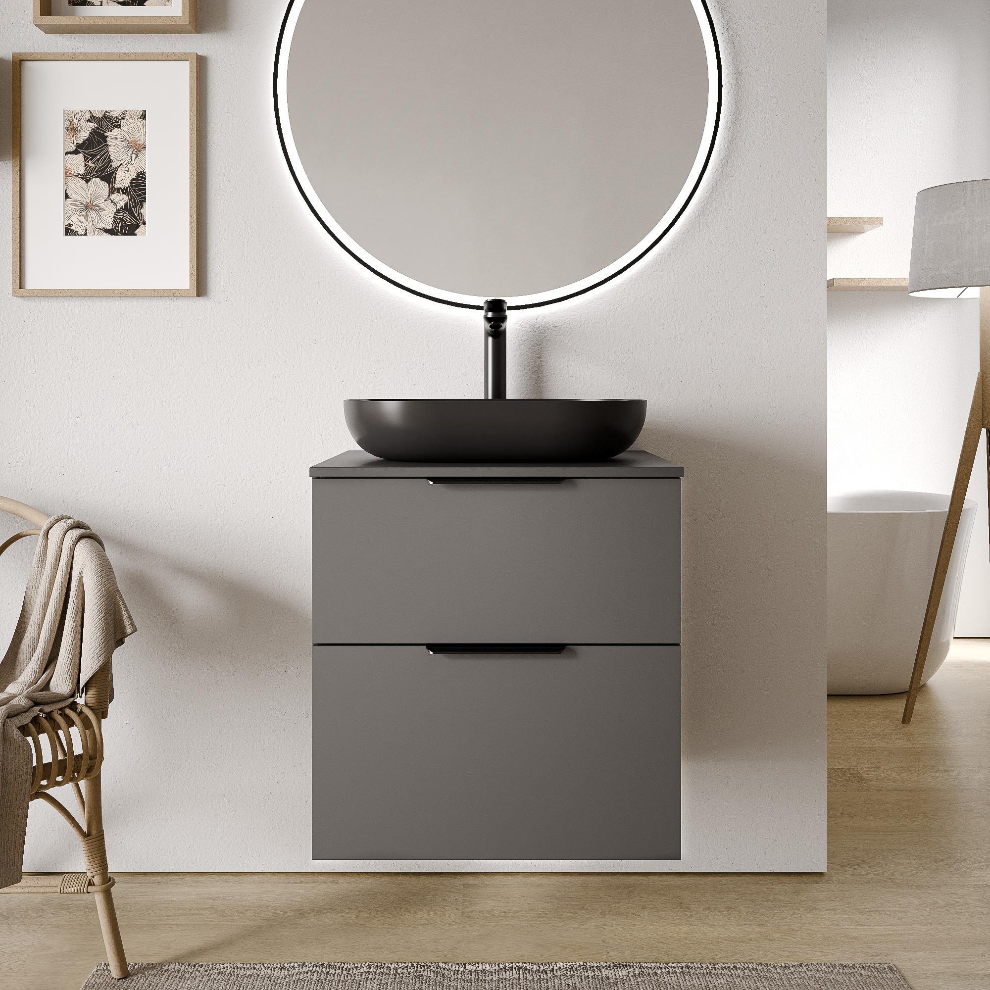 Waschtischunterschrank TIM 60 cm für Aufsatzwaschbecken - Farbe wählbar, Waschtischplatte:Eiche nebelgrau, Farbe Badmöbel:Anthrazit matt, Metallgriff:Schwarz matt