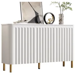 Merax Sideboard 135 x 36 x 78 cm, weiße Anrichte mit 3 Türen, Säulenrelief, Muschelkante & Metallfüßen, Weiß