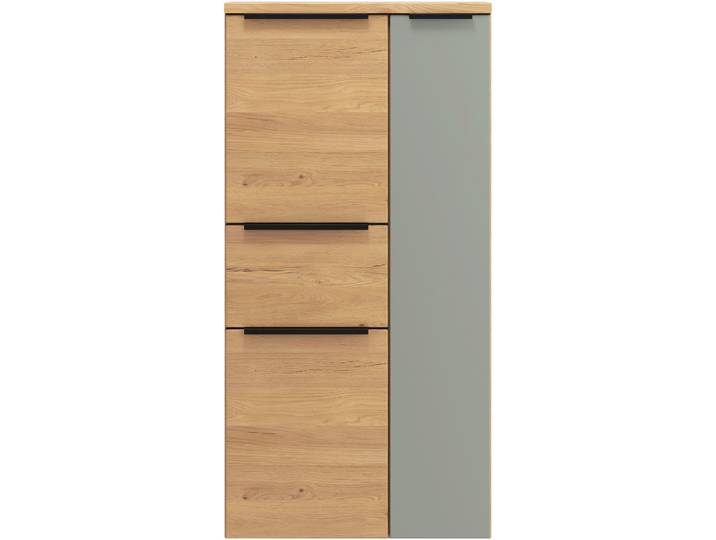 Midischrank WELLTIME MAILAND, Softclose-Auszug, gedämpfte Scharniere, hochwertiges MDF , braun (wildeiche, schilfgrün), B:65cm H:130cm T:35cm, MDF, Schränke, Midischrank, Wildeiche, gedämpfte Scharniere und Softclose-Auszug