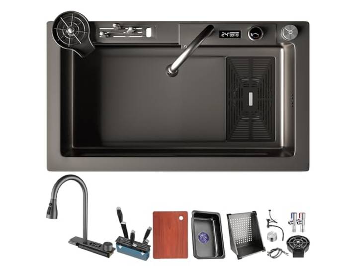 DSMRLEOP 75X45cm Wasserfall spüle, Multifunktionale Spülbecken Schwarz, 1 Becken Spüle Küche Edelstahl Rechteck mit Zubehör wie Abflusskörbe, Siphon, Über- und Ablauf-Set