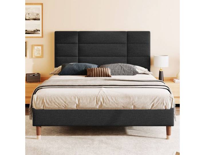 Lit double 140×200cm lit classique minimaliste capitonné tissu en lin doux pour la peau convient aux adultes et aux adolescents.