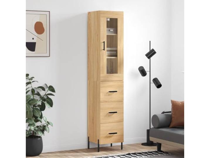 RJPLMFV Anrichte hoch, Sonoma-Eiche, 34,5 x 34 x 180 cm, Holz TV-Möbel, vertikal, schmale Aufbewahrung, praktische Tür, Metallfüße, Wandbefestigung inklusive