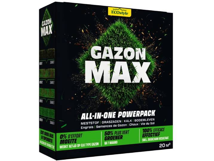 ECOstyle GazonMax 1 kg - All-in-one Powerpack - Gazonmest\, Graszaad\, Kalk & Bodemleven - voor 20m2 gazon - 0% moeite - 50% groener na 1 maand - 100% effectief