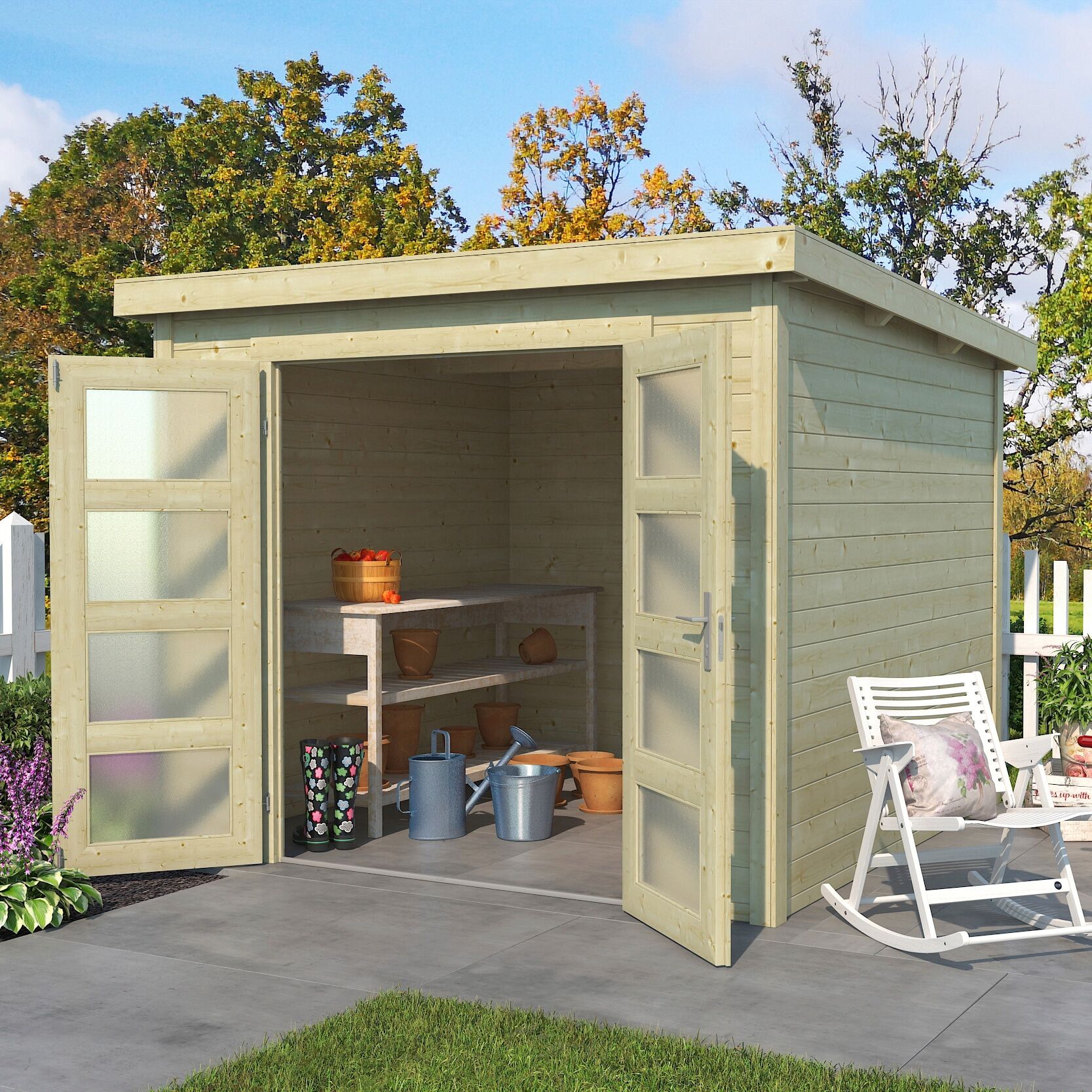 Gartenhaus LASITA MAJA "Zambezi 5", beige (naturbelassen), ohne Fußboden, ohne Dacheindeckung, Massivholz, Gartenhäuser, Gartenhaus, Blockbohlenhaus 28mm