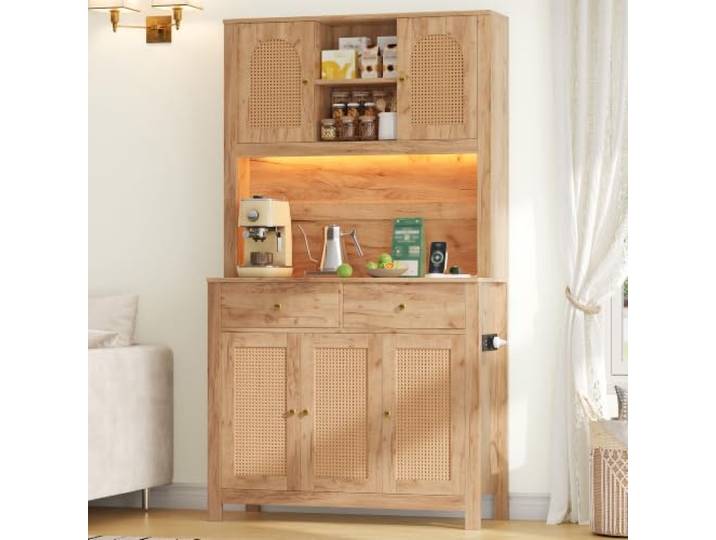 Merax Küchenschrank 180 cm, Buffetschrank mit LED und Steckdosen, Aufbewahrungsschrank mit 5 Rattantüren, 2 Schubladen, Vorratsschrank Landhausstil, großer Arbeitsplatte für Esszimmer, Küche, Natur