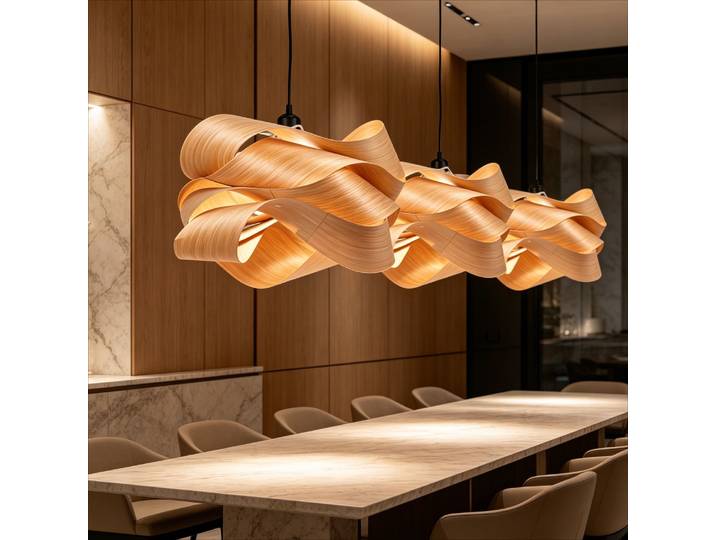 JOYINLED Suspension Moderne en Bois 45CM, Lampe Suspendue Créative en Placage Ondulé pour Salon Chambre, Lustre Japandi E27