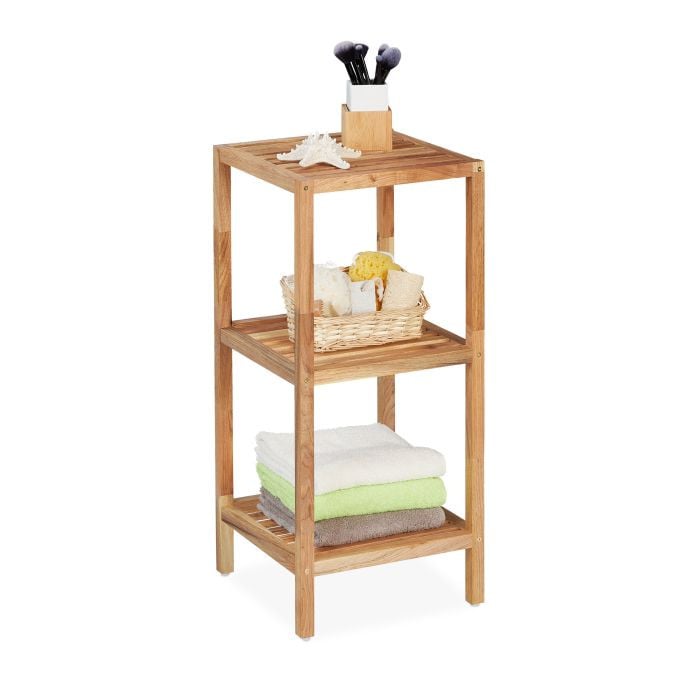 Relaxdays Badkamerrek van walnotenhout, 3 etages, Bruin, H x B x D: 79 x 36 x 36 cm