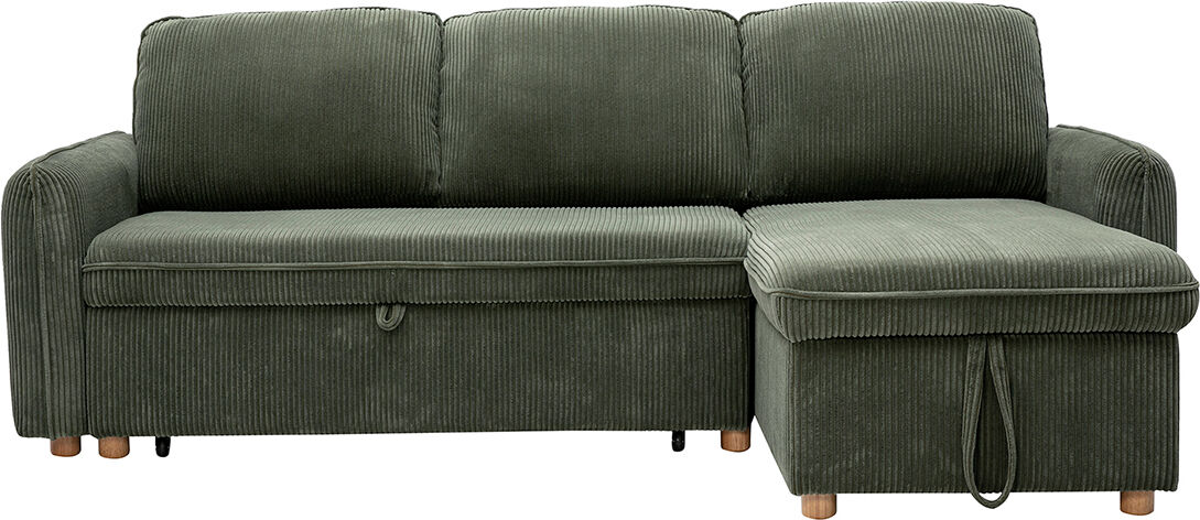 Miliboo Ecksofa, umwandelbar und reversibel mit Stauraum, 3-Sitzer, aus grün-khaki Samtcordstoff und hellem Holz ORSO