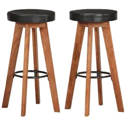 DELUKE Barhocker FENI 2er Set Echtleder und Massivholz Akazie Schwarz | Barstühle Küchenhocker Thekenhocker für Küche Hausbar