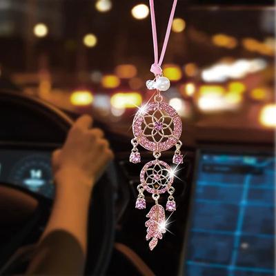 Inspired Finds Diamond Flower Dreamcatcher Rearview Mirror Car Pendant pink